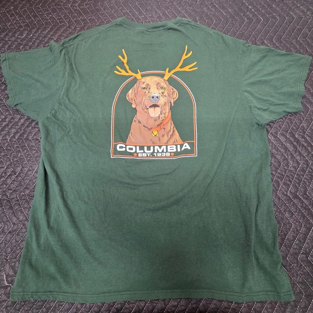 Columbia Mens XXL Green Graphic T-Shirt Dog with Antlers Hunting Outdoor Cotton